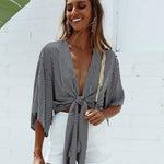 Women Black V Neck Fashion Kimono