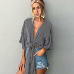 Women Black V Neck Fashion Kimono