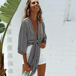 Women Black V Neck Fashion Kimono