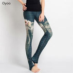 Blue Stripes Elephant Lotus Printed High Waist Yoga Leggings