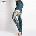 Blue Stripes Elephant Lotus Printed High Waist Yoga Leggings