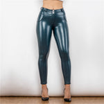Shiny Blue Mid Waist Leather Pants Lift & Support