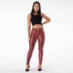 Burgundy Mid Waist Moto Leather Pants Lift & Support