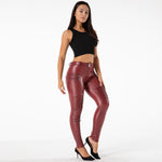 Burgundy Mid Waist Moto Leather Pants Lift & Support