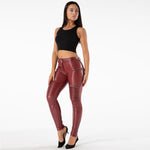 Burgundy Mid Waist Moto Leather Pants Lift & Support