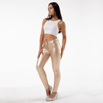 Golden Mid Waist Shiny Leather Pants Lift & Support