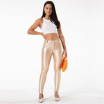 Golden Mid Waist Shiny Leather Pants Lift & Support