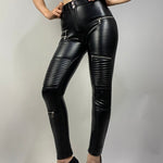 Black Mid Waist Moto Leather Pants Lift & Support