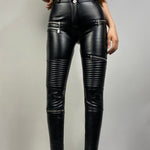 Black Mid Waist Moto Leather Pants Lift & Support