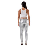 Silver Mid Waist Shiny Leather Pants Lift & Support