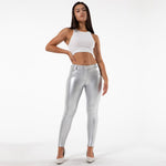 Silver Mid Waist Shiny Leather Pants Lift & Support