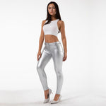 Silver Mid Waist Shiny Leather Pants Lift & Support