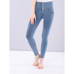 Front Buttons Light Blue High Waist Denim